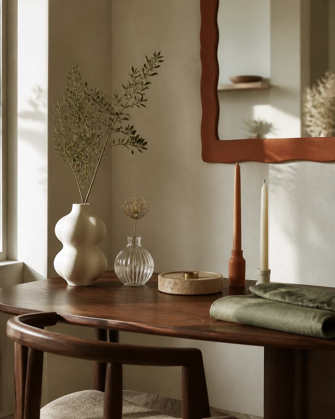Coordinated warm decor arranged on a compact table