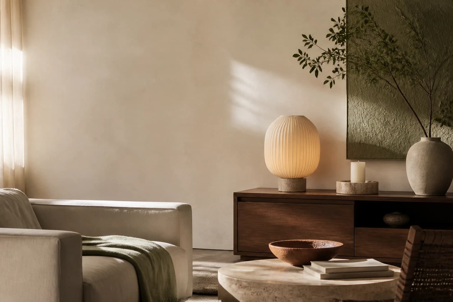 Warm contemporary interior styled with sculptural Caldria Home decor